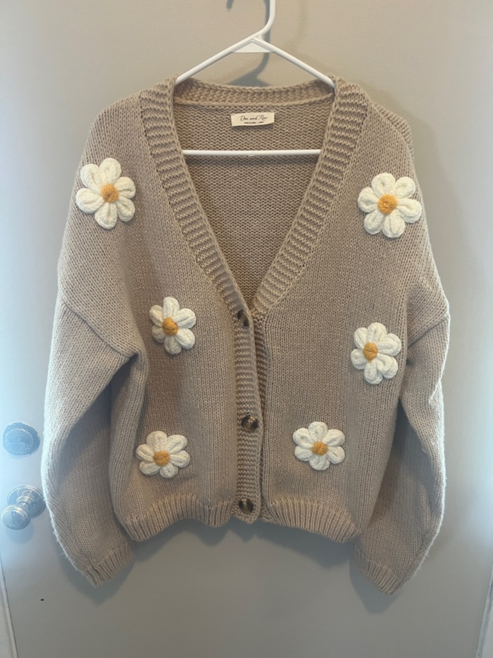 Beige Daisy-Appliqué V-Neck Cardigan